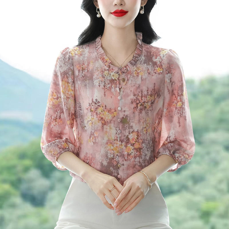 Temperament Cover belly chiffon shirt loose retro silk tops