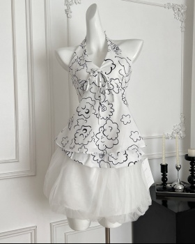 Printing France style tops halter sleeveless skirt a set