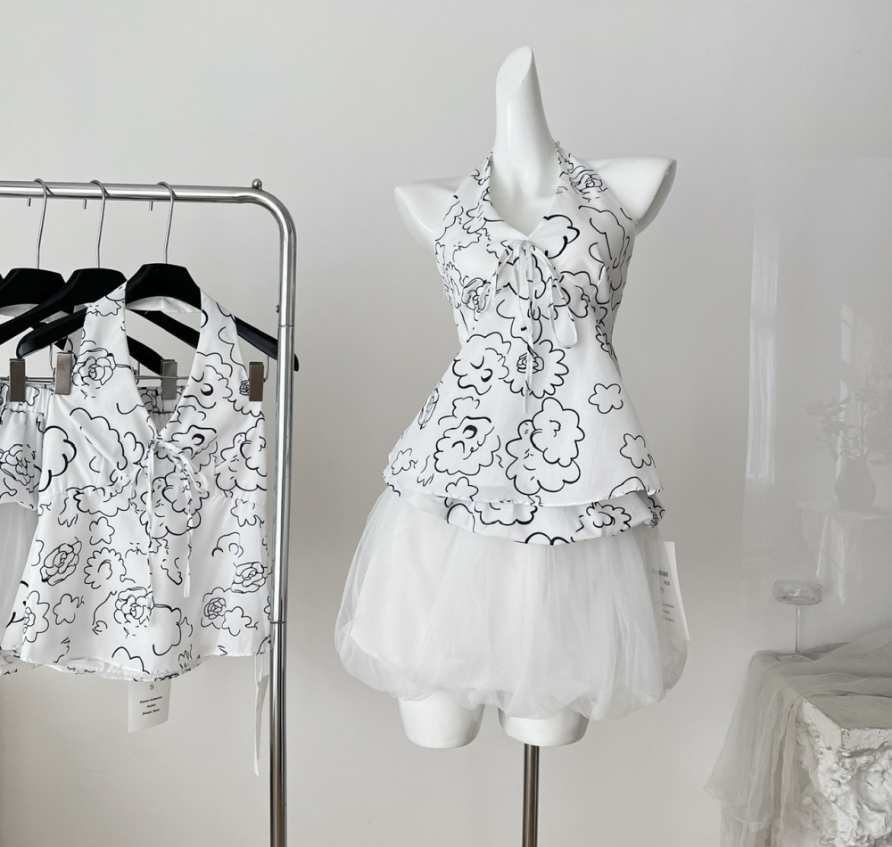 Printing France style tops halter sleeveless skirt a set