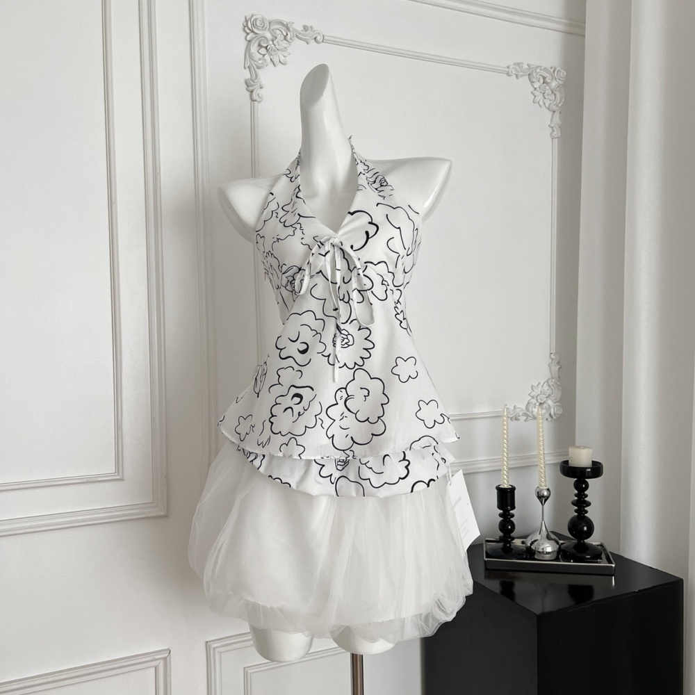 Printing France style tops halter sleeveless skirt a set