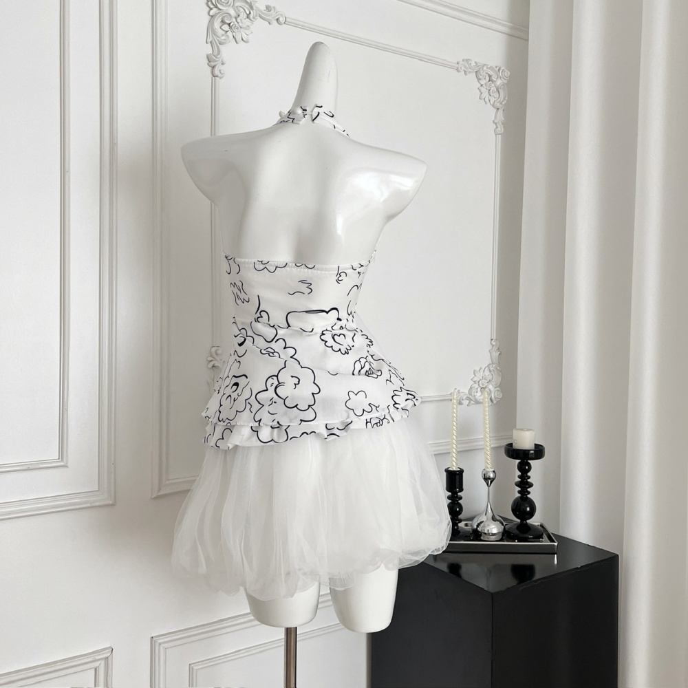 Printing France style tops halter sleeveless skirt a set