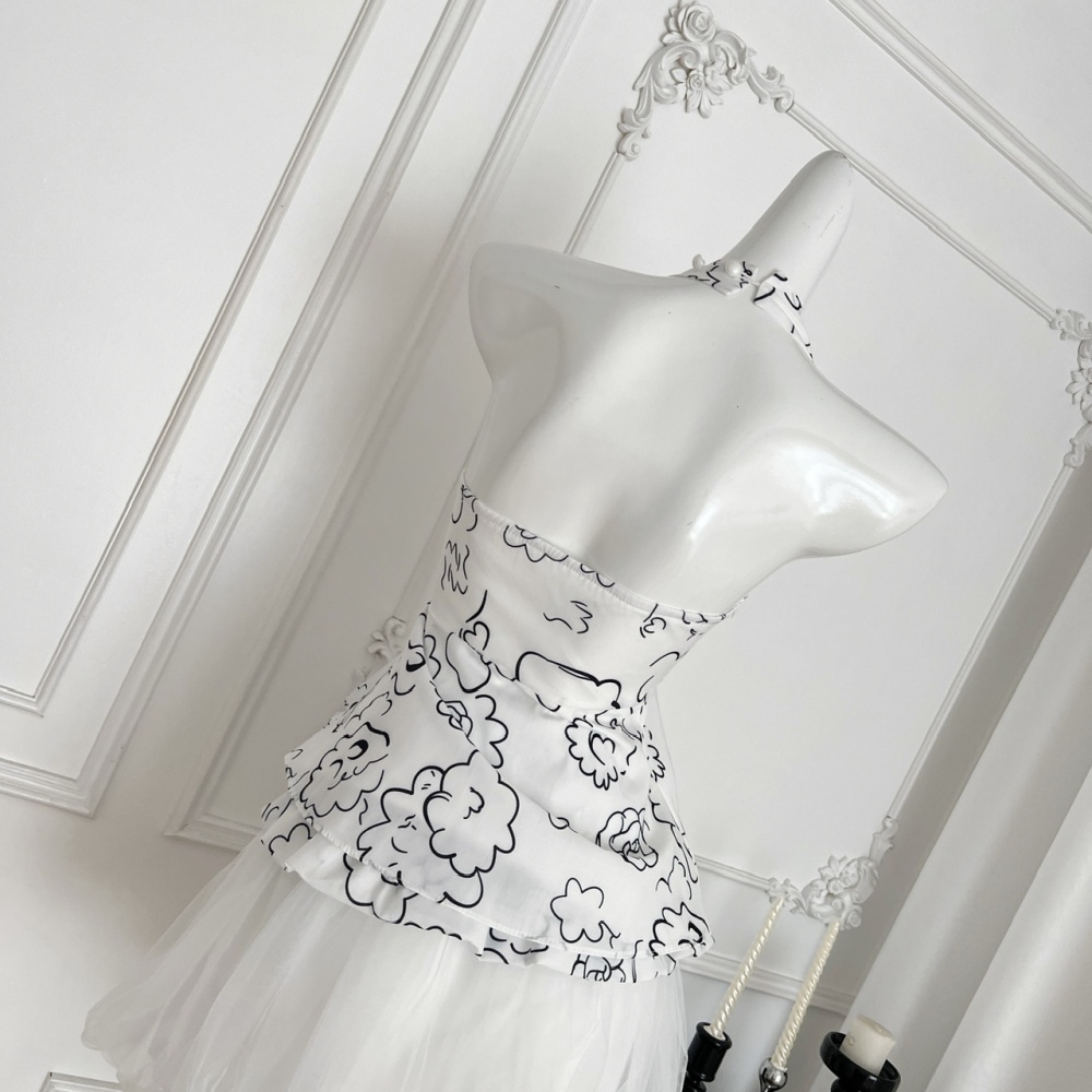 Printing France style tops halter sleeveless skirt a set