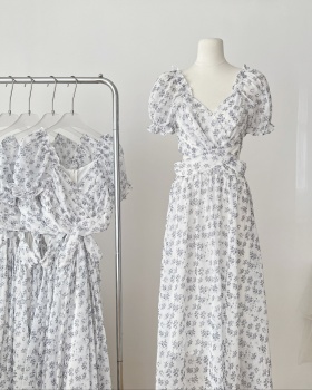 Floral romantic puff sleeve chiffon summer France style dress