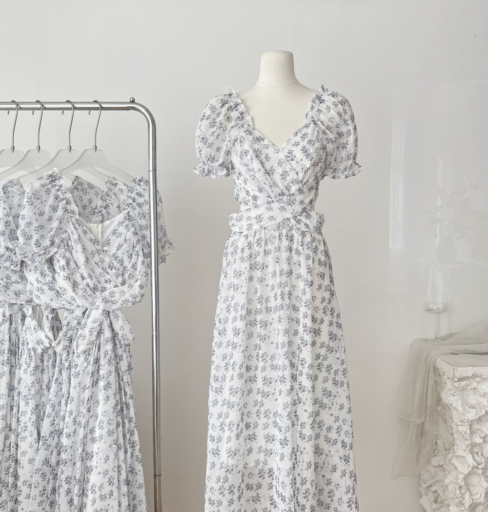 Floral romantic puff sleeve chiffon summer France style dress