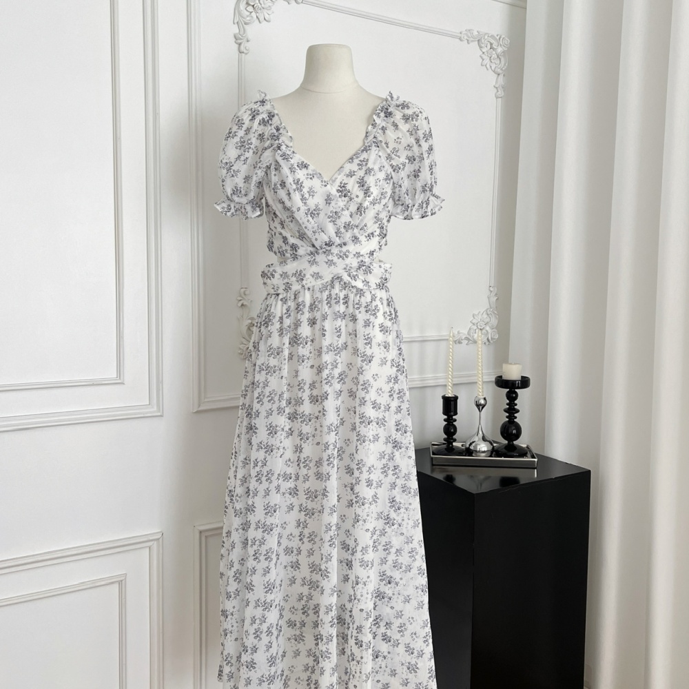 Floral romantic puff sleeve chiffon summer France style dress