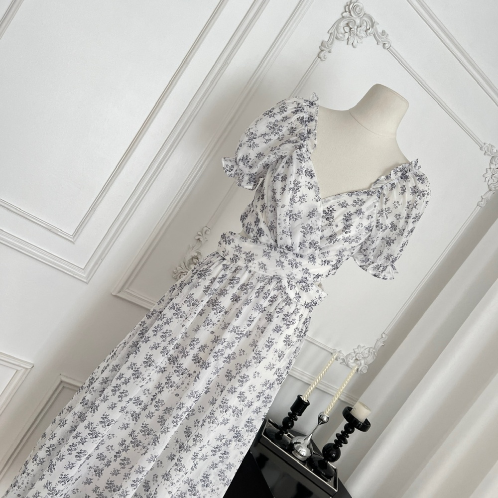 Floral romantic puff sleeve chiffon summer France style dress