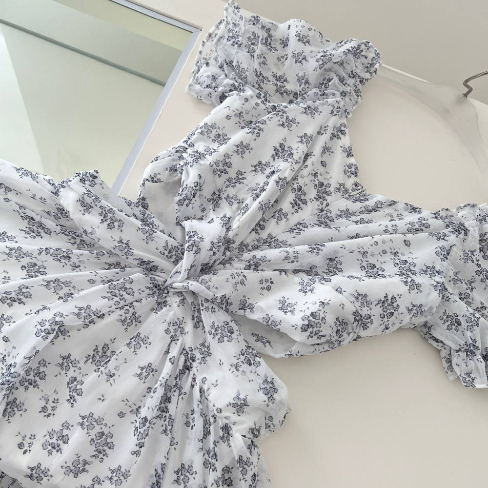 Floral romantic puff sleeve chiffon summer France style dress