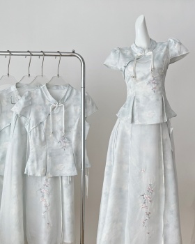 Embroidery Chinese style tops printing slim skirt a set for women