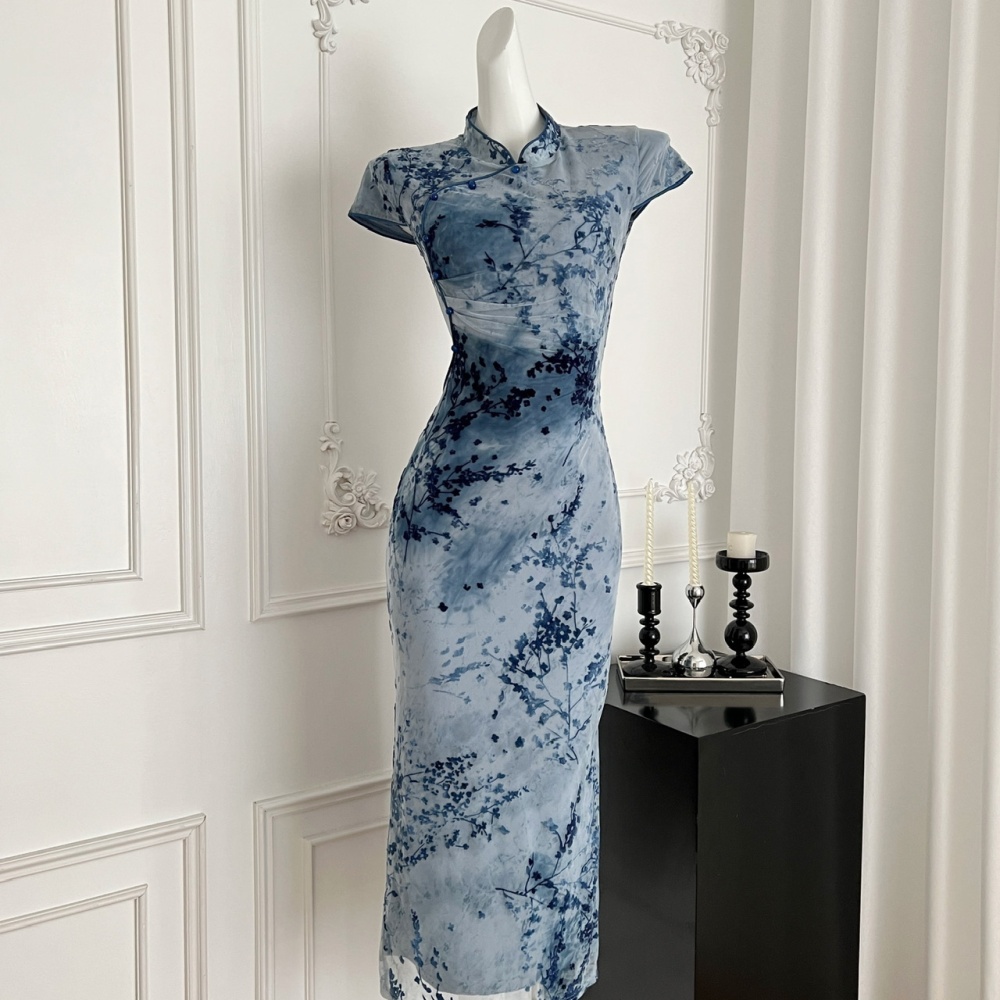 Plum flower dress pinched waist cheongsam for women