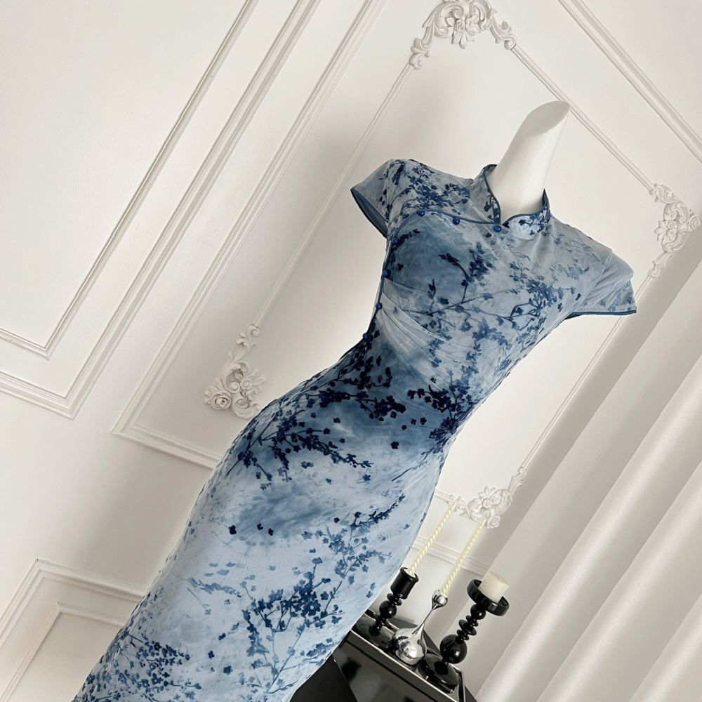 Plum flower dress pinched waist cheongsam for women