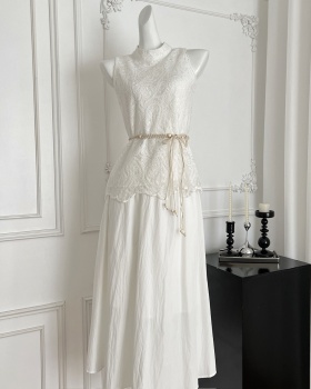 Summer drape halter tops lace white short skirt a set