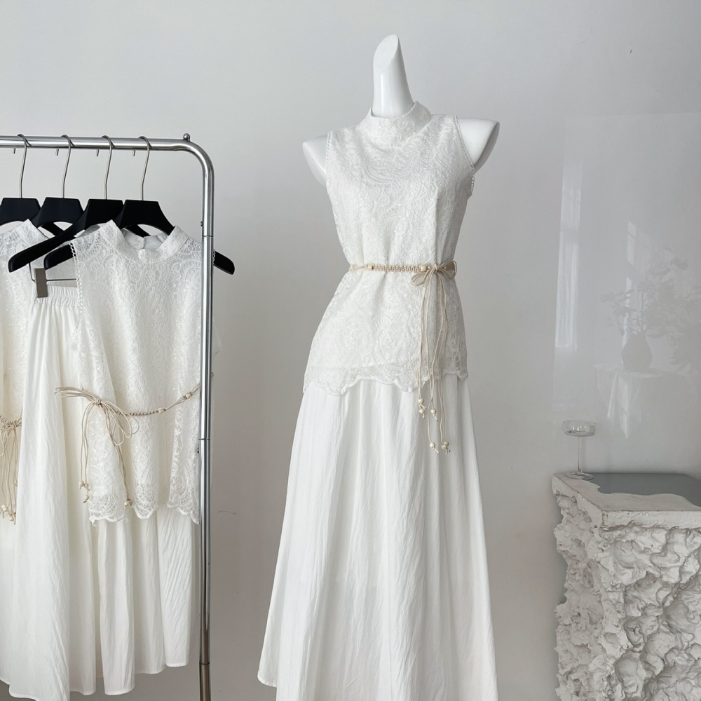 Summer drape halter tops lace white short skirt a set
