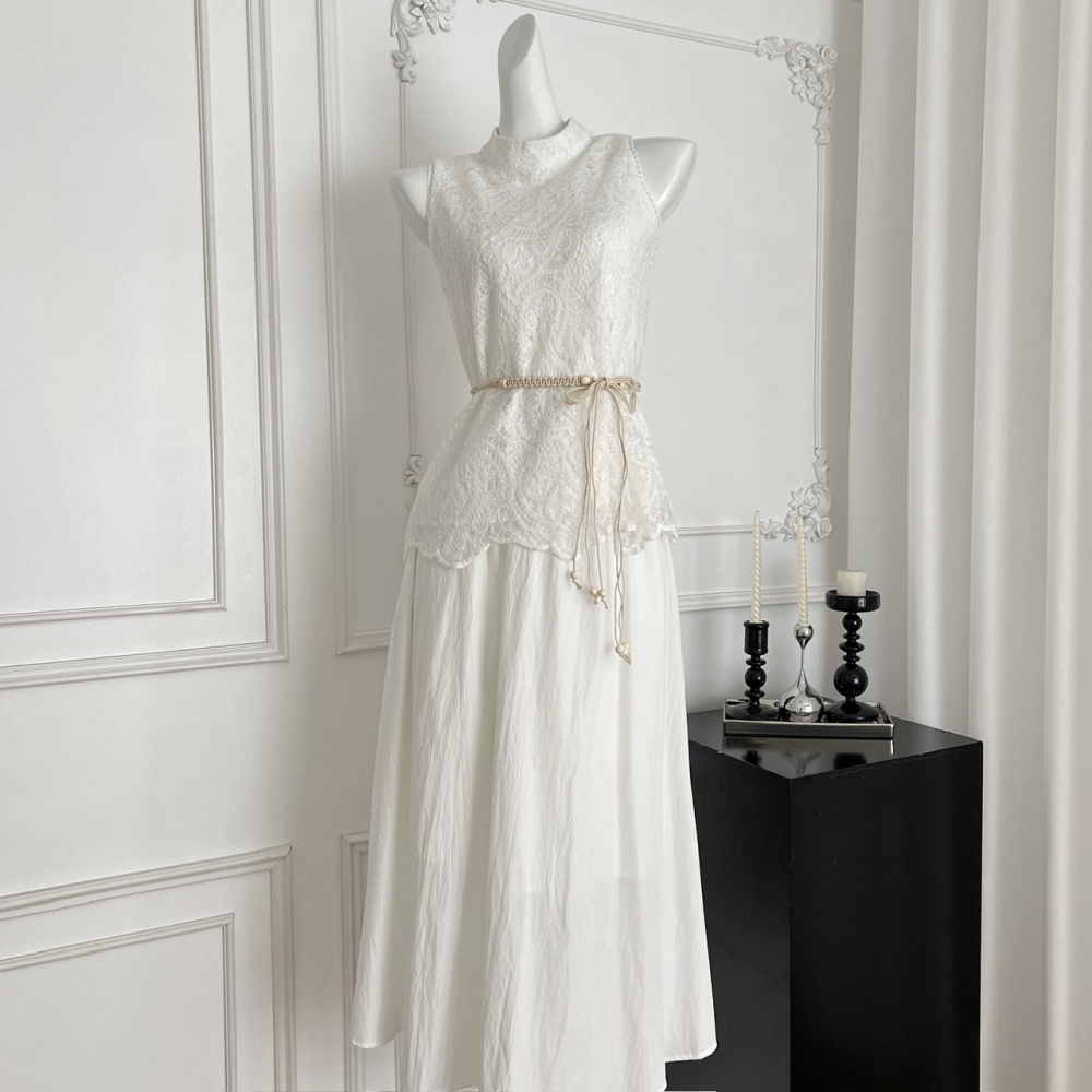Summer drape halter tops lace white short skirt a set