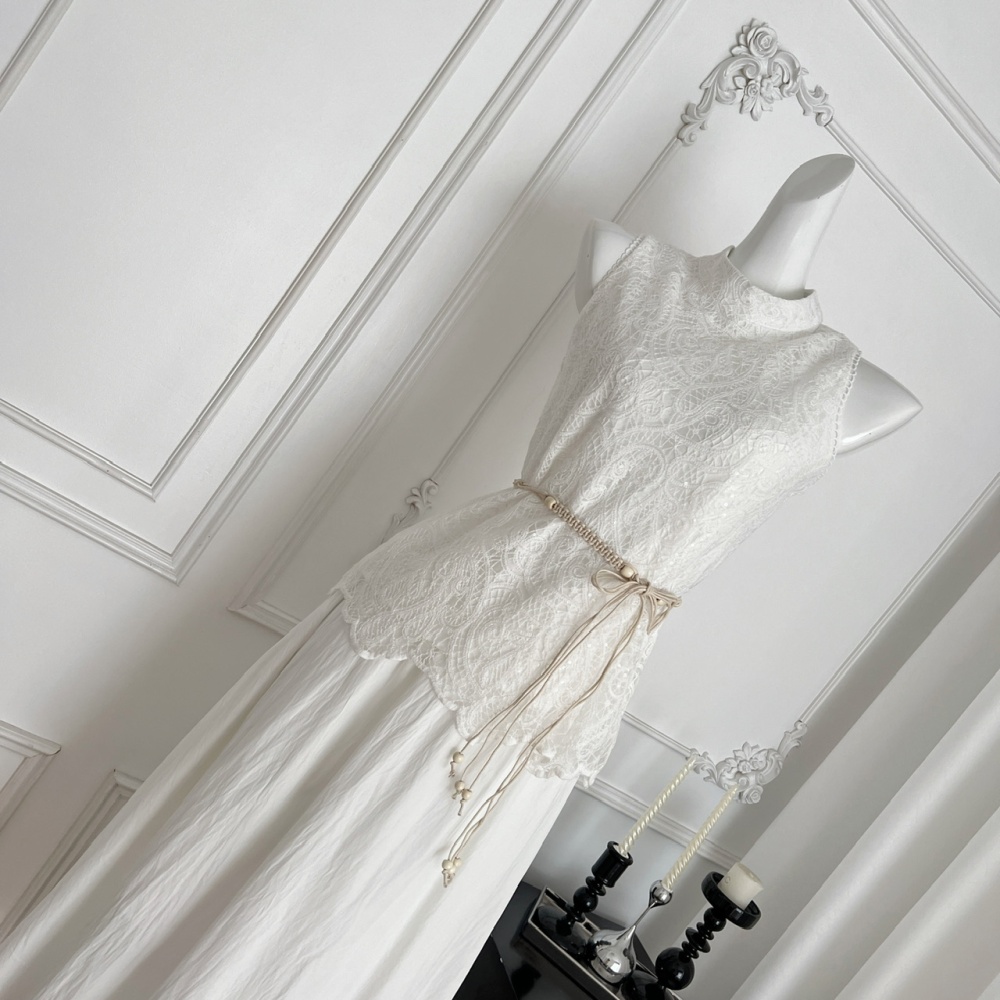 Summer drape halter tops lace white short skirt a set