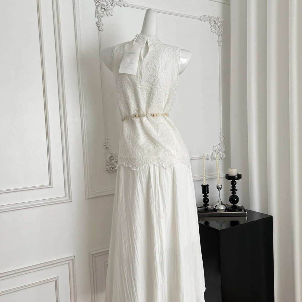 Summer drape halter tops lace white short skirt a set