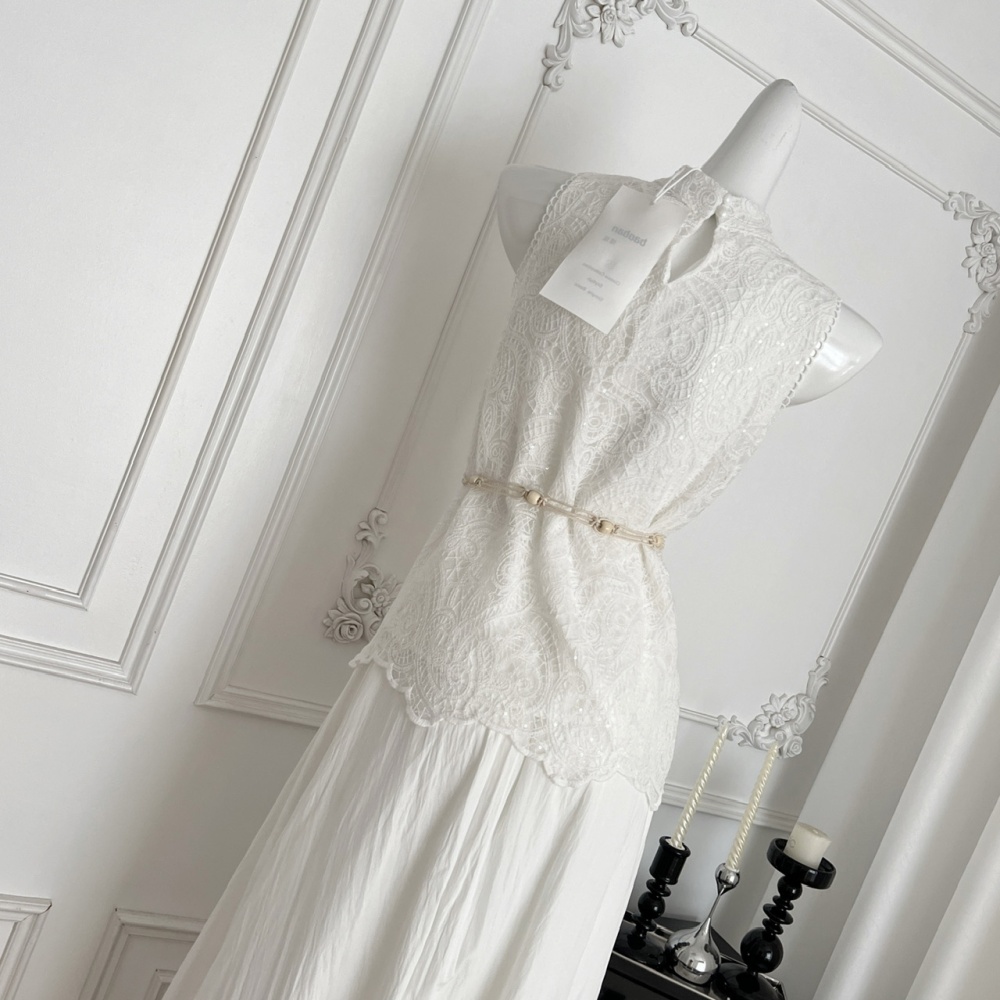 Summer drape halter tops lace white short skirt a set