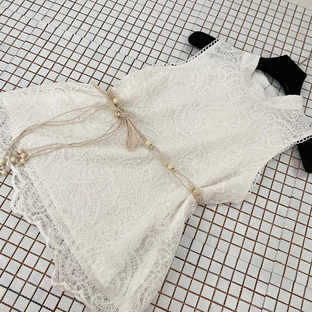 Summer drape halter tops lace white short skirt a set