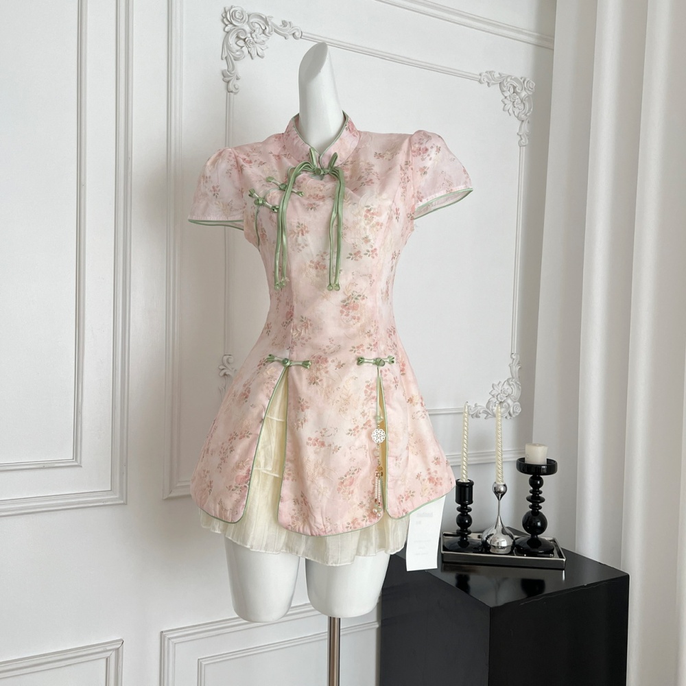 Chinese style tops boats sleeve short skirt a set