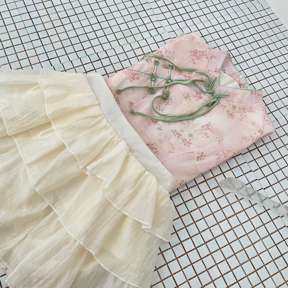 Chinese style tops boats sleeve short skirt a set