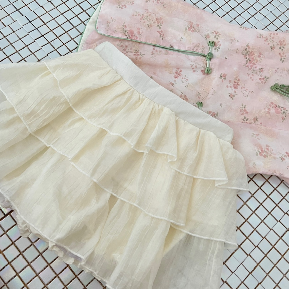 Chinese style tops boats sleeve short skirt a set