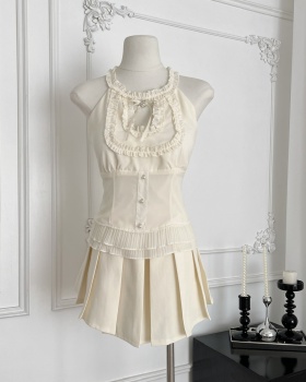 Sleeveless fashion pleated waistcoat lace summer dress a set