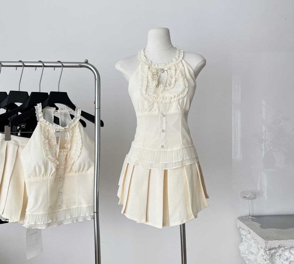 Sleeveless fashion pleated waistcoat lace summer dress a set