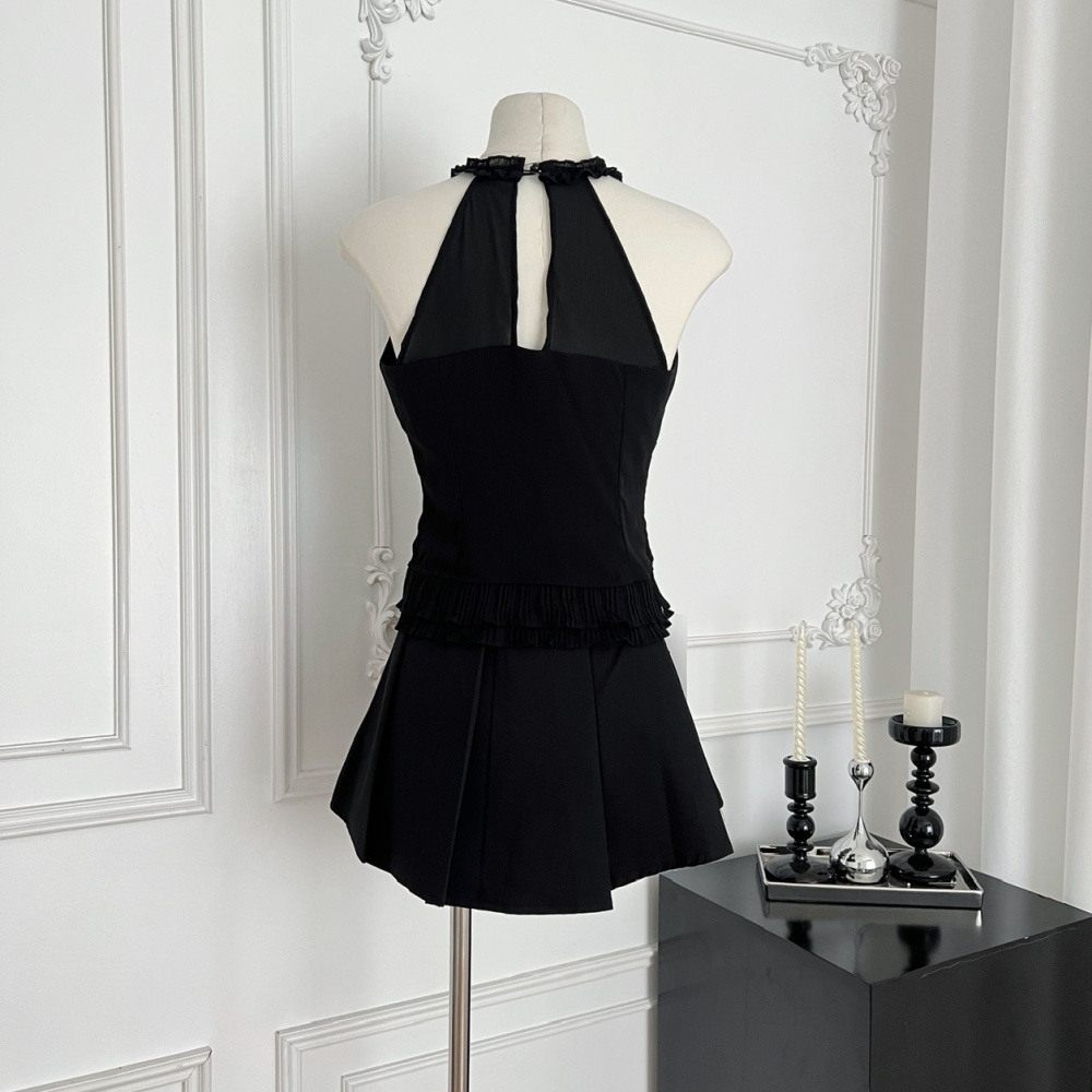 Sleeveless fashion pleated waistcoat lace summer dress a set