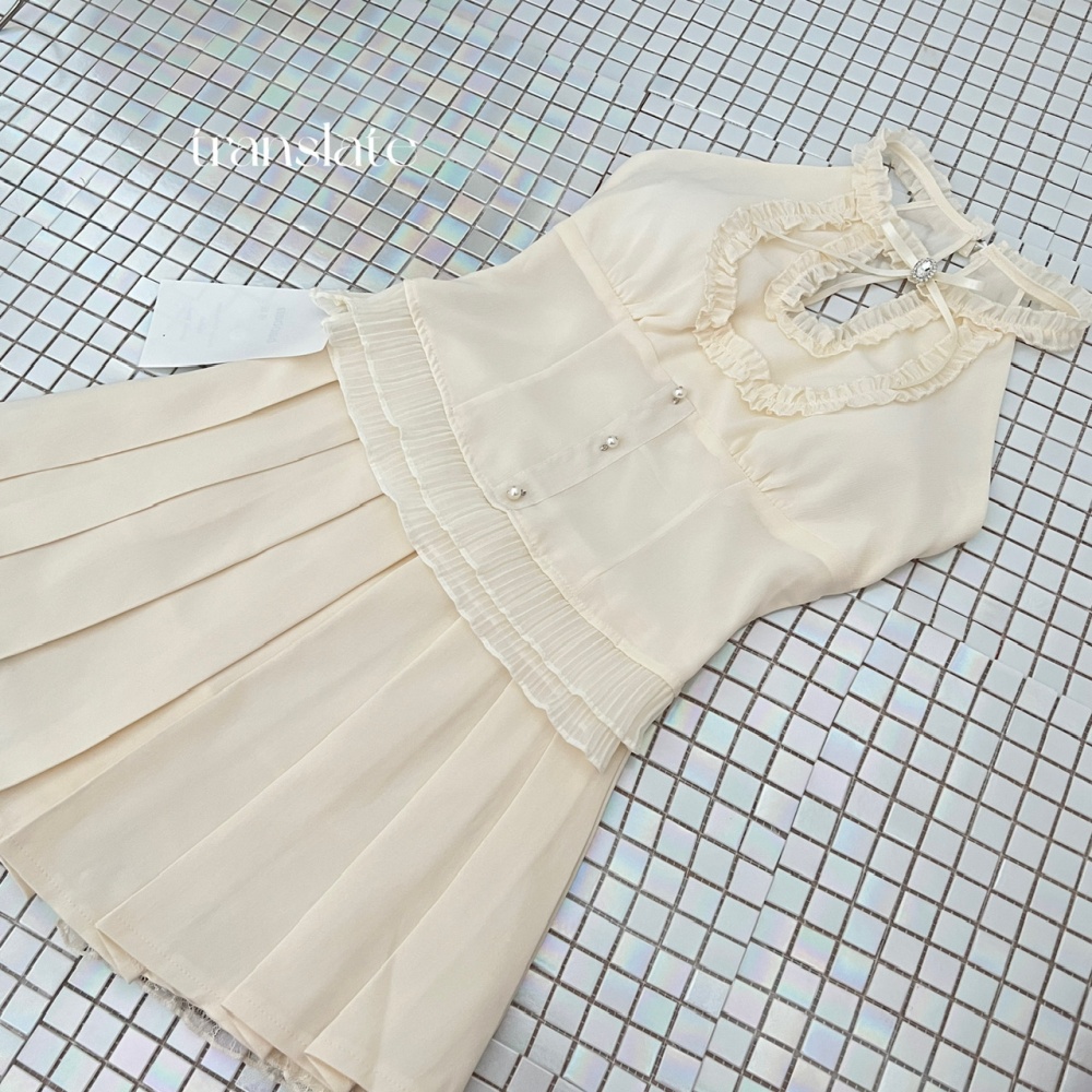 Sleeveless fashion pleated waistcoat lace summer dress a set