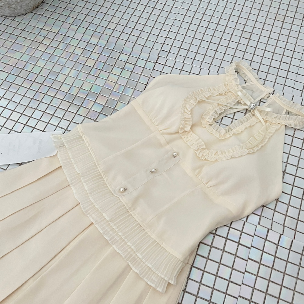 Sleeveless fashion pleated waistcoat lace summer dress a set