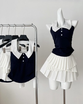 Summer pleated skirt swan sleeveless vest 2pcs set