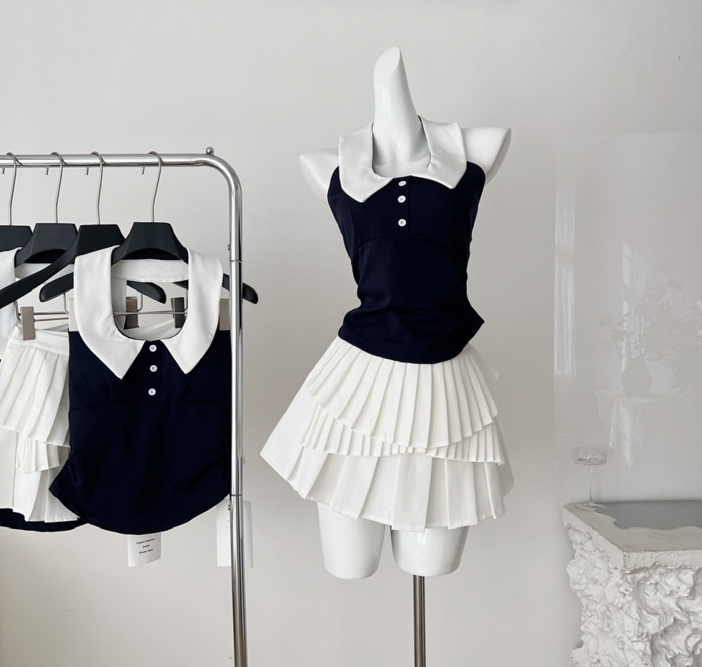 Summer pleated skirt swan sleeveless vest 2pcs set