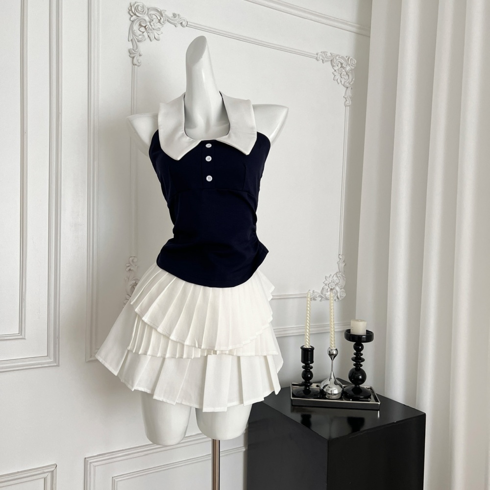 Summer pleated skirt swan sleeveless vest 2pcs set