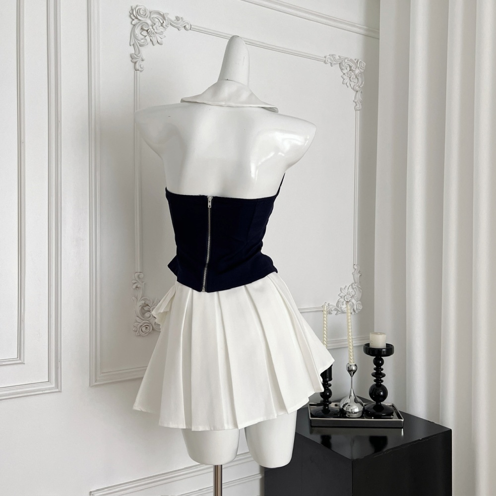 Summer pleated skirt swan sleeveless vest 2pcs set