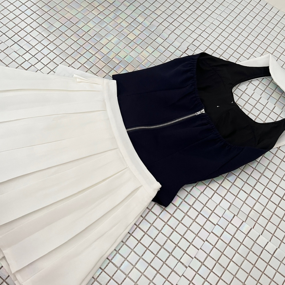 Summer pleated skirt swan sleeveless vest 2pcs set