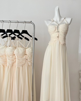 Summer halter fold long dress white sling dress