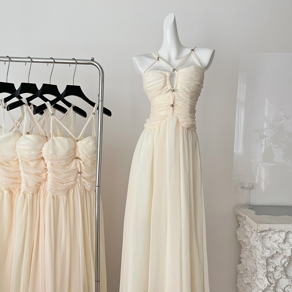 Summer halter fold long dress white sling dress