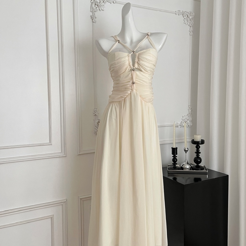 Summer halter fold long dress white sling dress