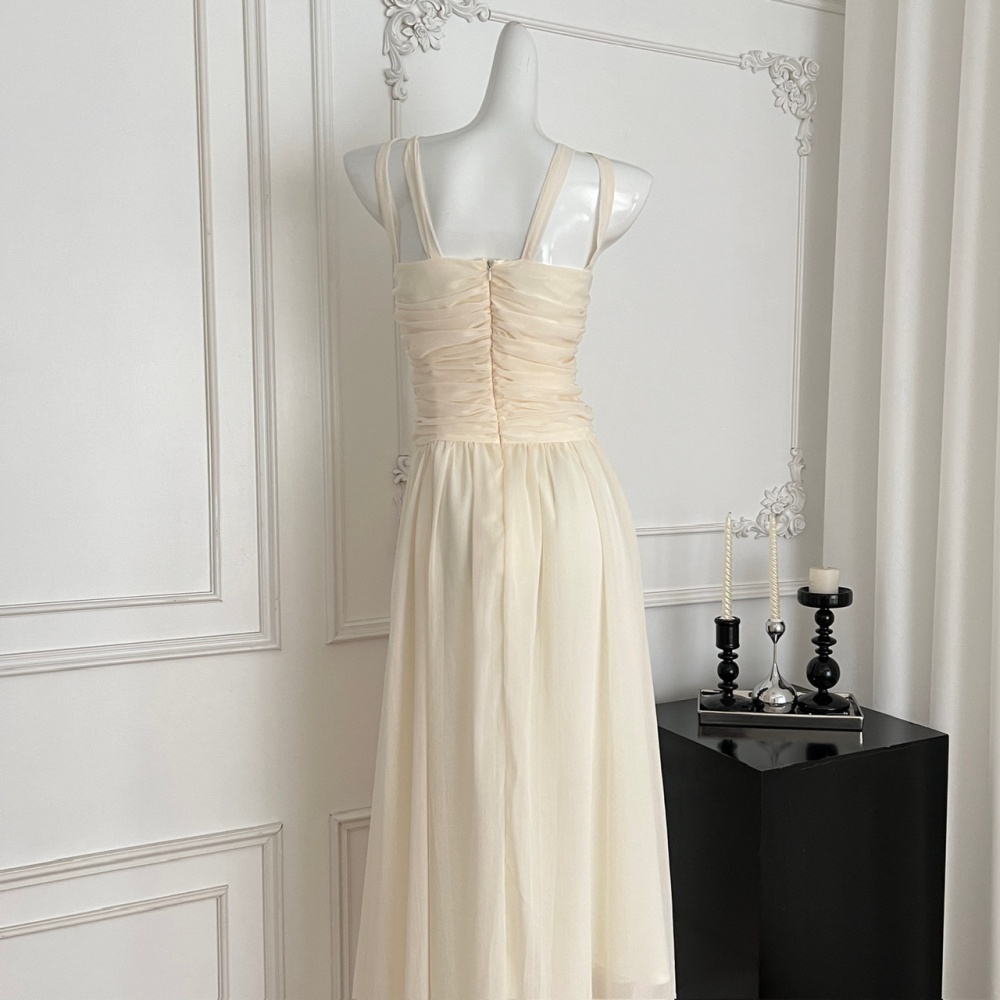 Summer halter fold long dress white sling dress