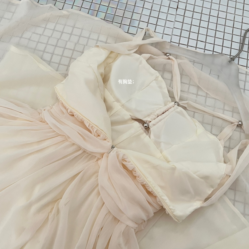 Summer halter fold long dress white sling dress