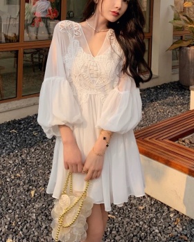 Summer V-neck slim vacation white thin chiffon T-back