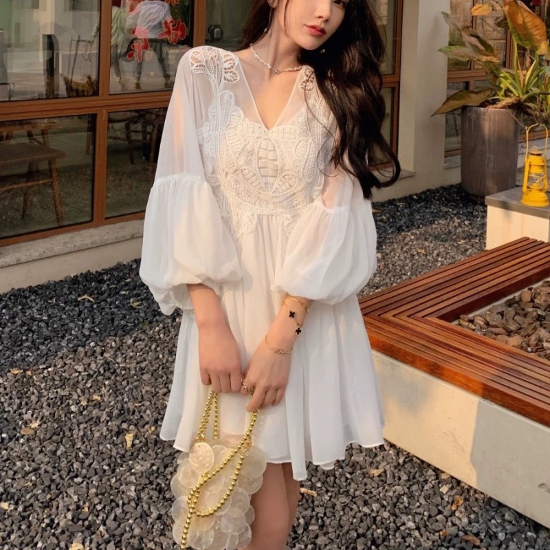 Summer V-neck slim vacation white thin chiffon T-back