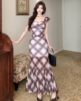 Printing gauze long sexy bottoming short sleeve dress