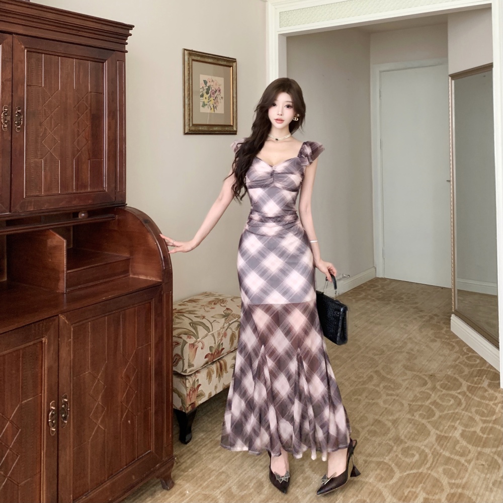 Printing gauze long sexy bottoming short sleeve dress
