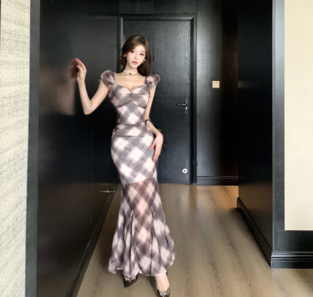 Printing gauze long sexy bottoming short sleeve dress