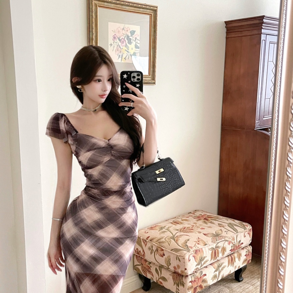 Printing gauze long sexy bottoming short sleeve dress