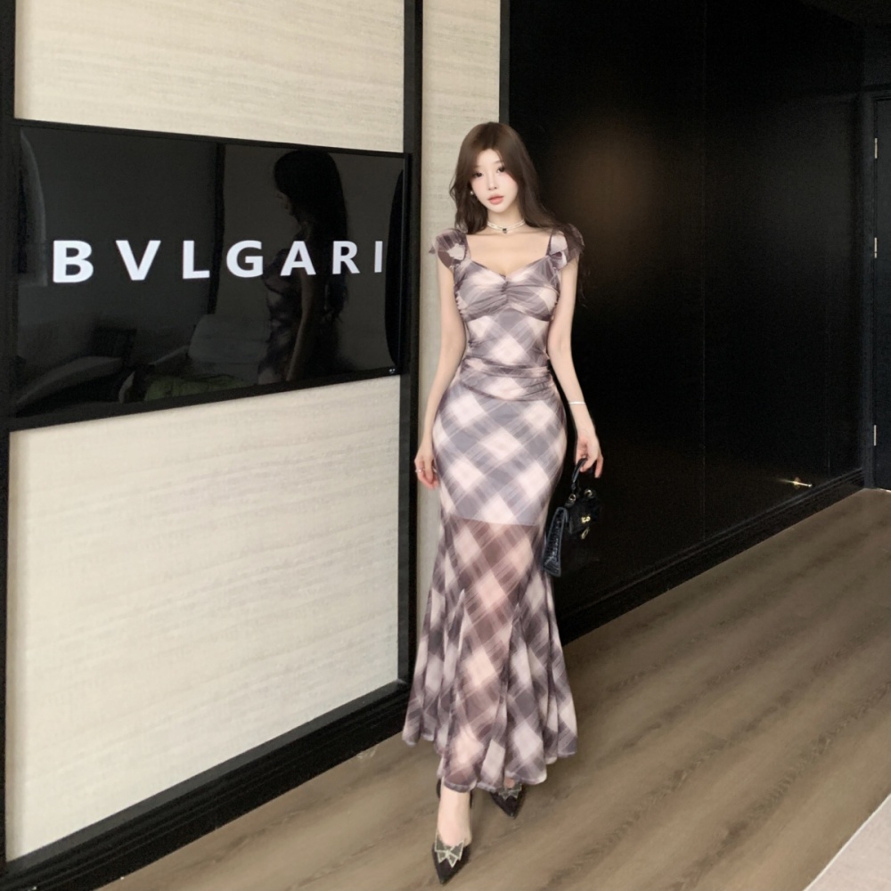 Printing gauze long sexy bottoming short sleeve dress