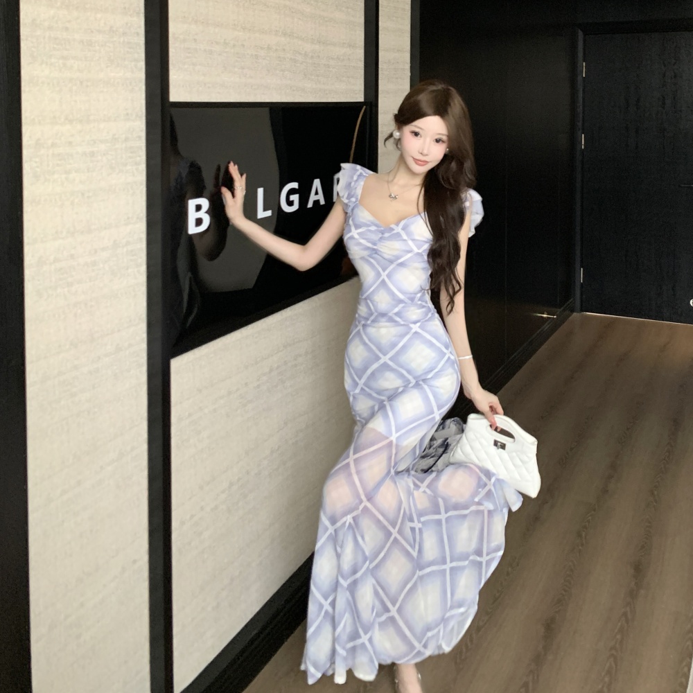 Printing gauze long sexy bottoming short sleeve dress
