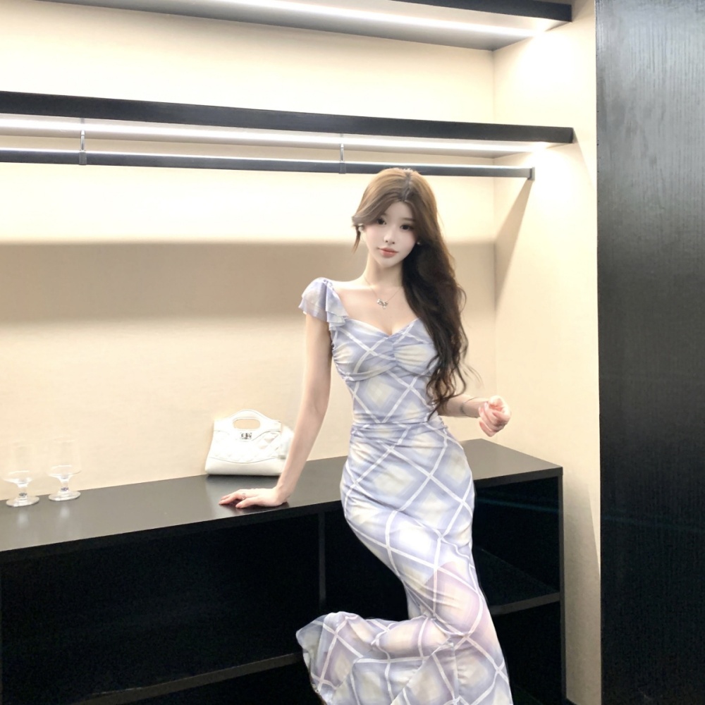 Printing gauze long sexy bottoming short sleeve dress