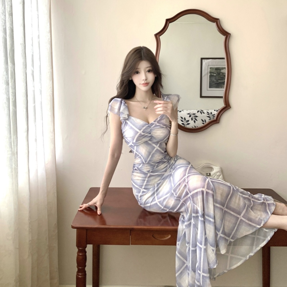 Printing gauze long sexy bottoming short sleeve dress