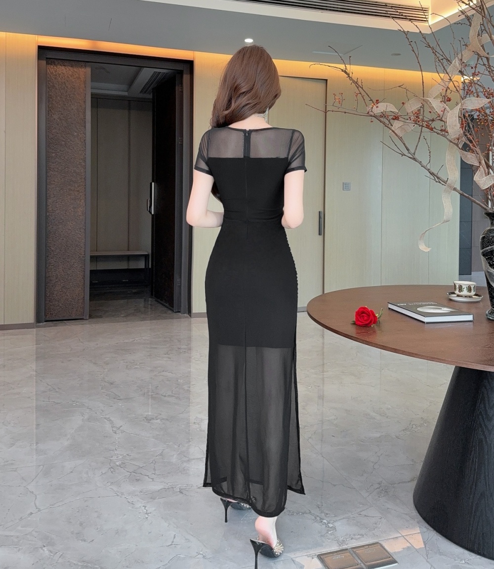 Short sleeve splice bottoming gauze sexy long dress